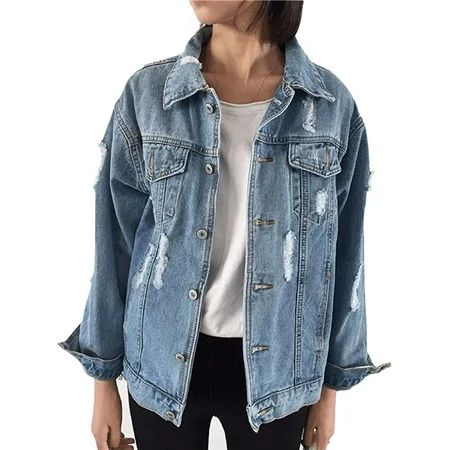 Borke Oversized Denim Jacket Distressed Boyfriend Jean Coat Jeans Trucker Jacket for Women Girls | Walmart (US)