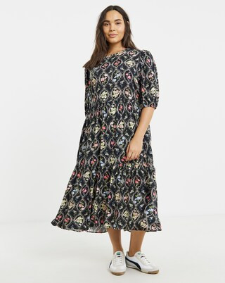 Simply Be Floral Tile Printed Tiered Midi Dress | Simply Be | Simply Be (UK)