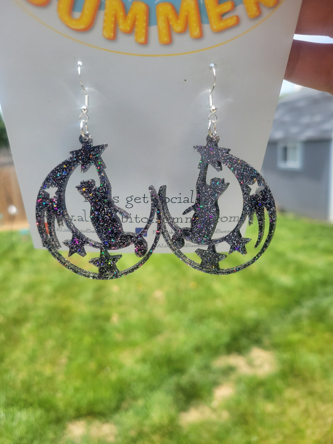 Holographic Cat With Moon Earrings, Halloween Earrings, Cute Kitty Earrings - Etsy | Etsy (US)