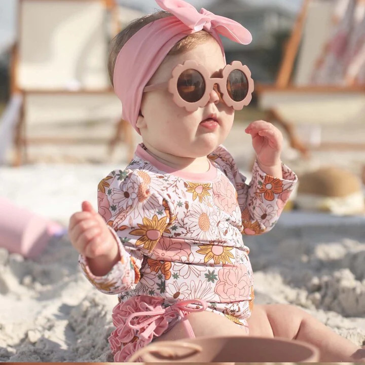 Long Sleeve Rash Guard With Ruffle Bottom | Boho Floral | Caden Lane