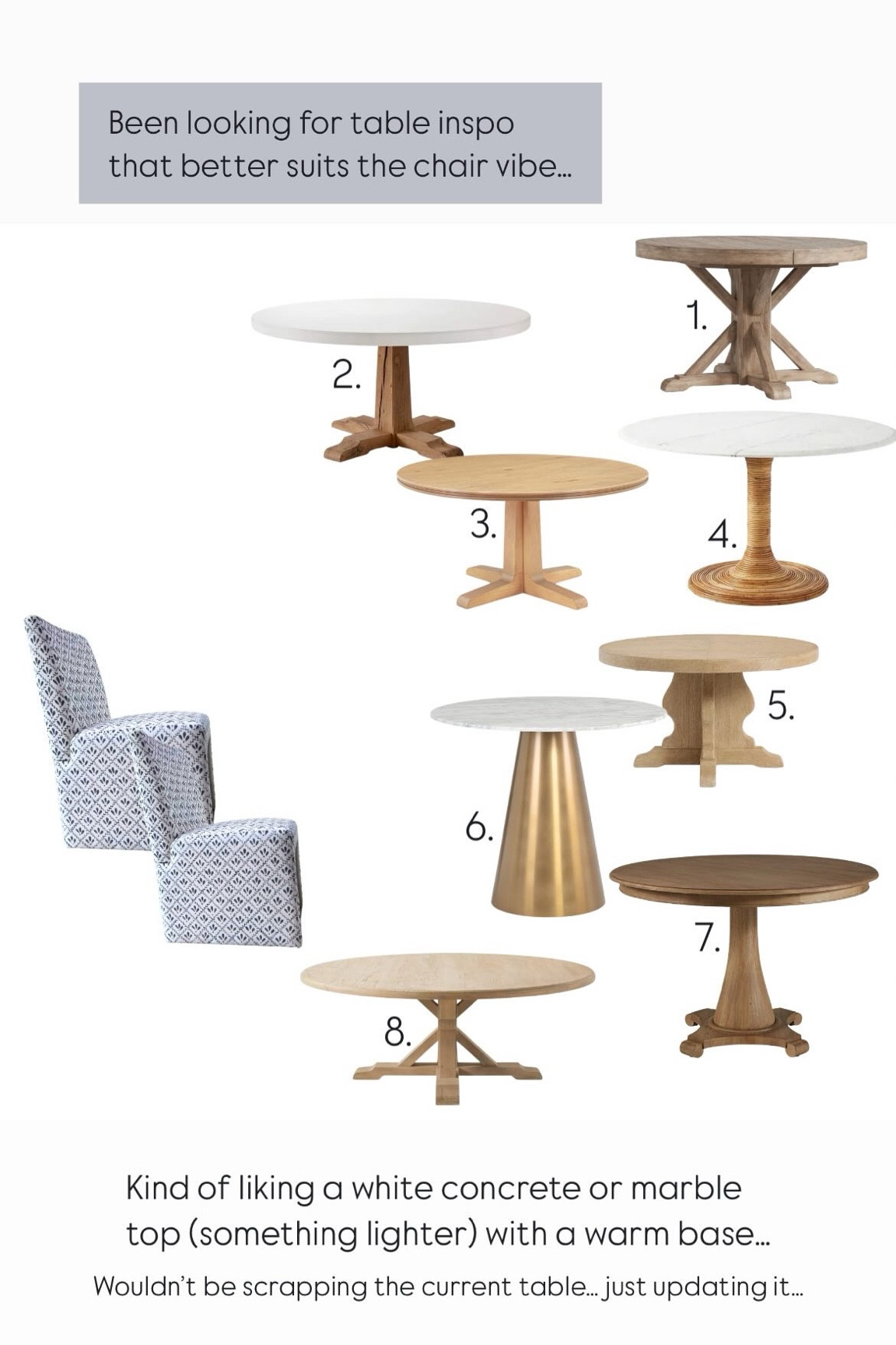 Searching for dining table inspo to pair with my new chairs! 

I love the idea of a light top and warm base! But all of these are dreamy. Which is your fav?



#LTKStyleTip #LTKHome #LTKSaleAlert