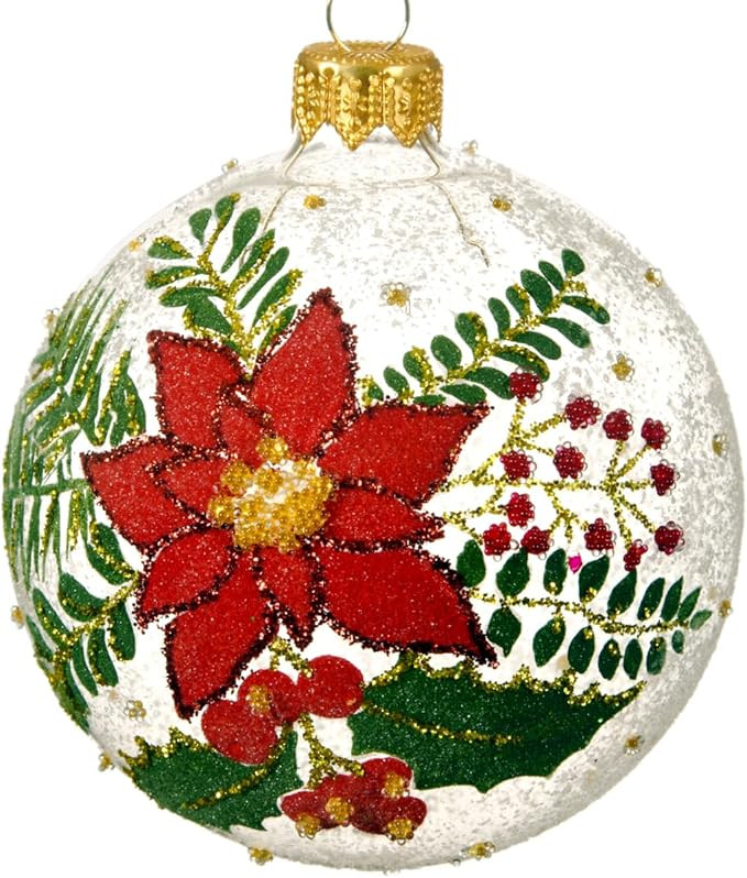 Poinsettia Blown Glass Ornament - European Mouth-Blown Clear Frosted Glass Ball | Amazon (US)