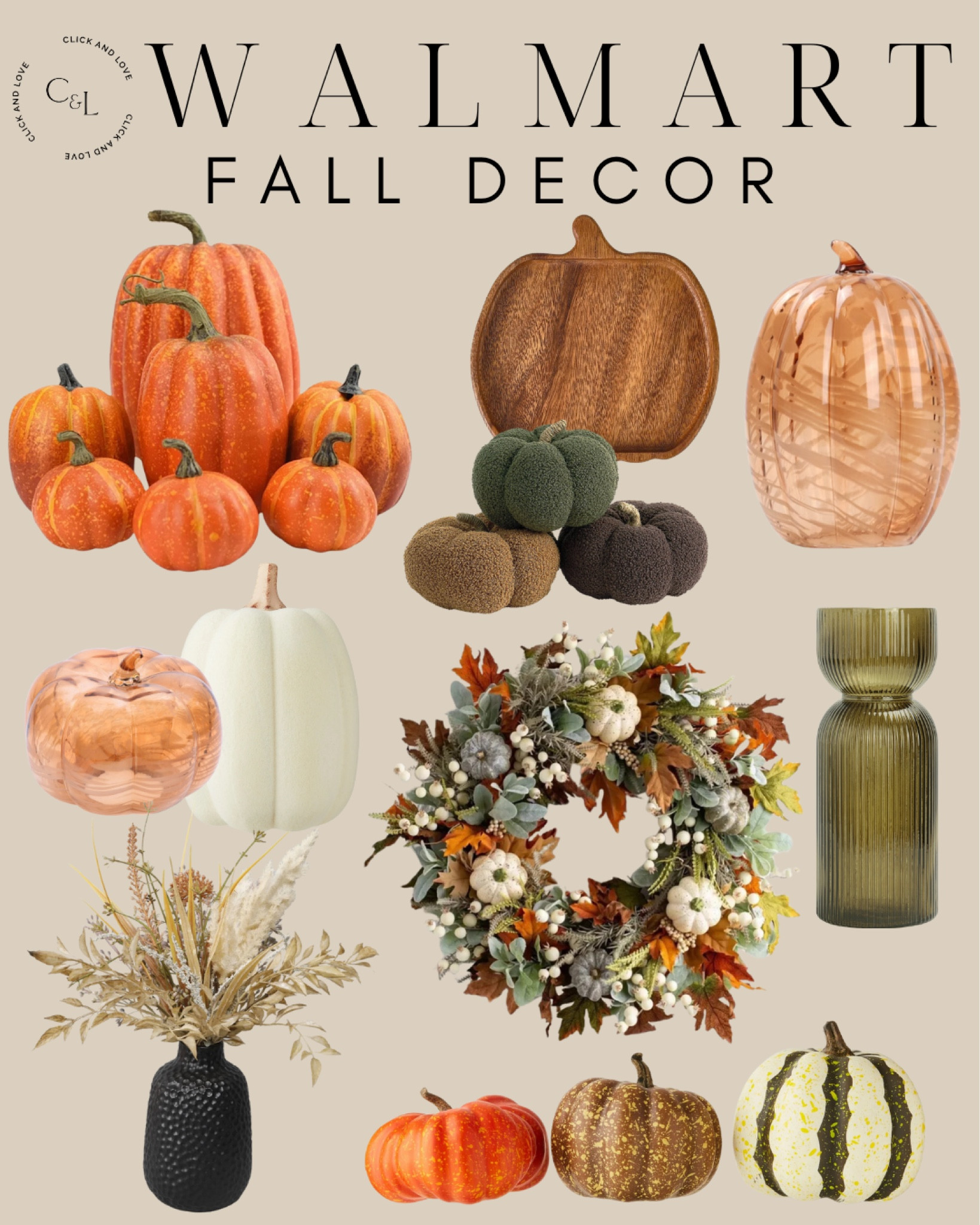Walmart fall home decor! Walmart has lots of great pumpkin finds and faux stems to adorn your home for the upcoming season! 🍂🎃 All under $30! 

entryway, living room, Fall decor, seasonal decor, Fall, budget friendly home decor, interior design, style tip, fall favorites, fall finds, affordable home finds, budget friendly home decor, faux plant, flower vase, woven pumpkin, marble pumpkin, glass pumpkins, boucle pumpkin, artificial wreath, holiday decor, pumpkin tray, wooden serving tray, wood hosting essential 

#LTKHome #LTKSeasonal #LTKFindsUnder50