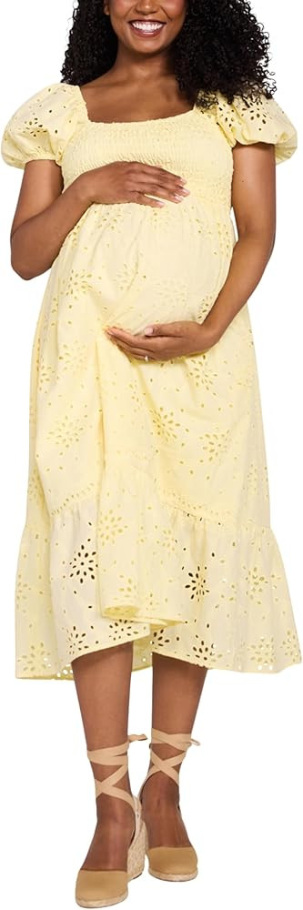 Motherhood Maternity Womens Square Neck Puff Sleeve Smocked Midi Pregnancy Dress | Amazon (US)