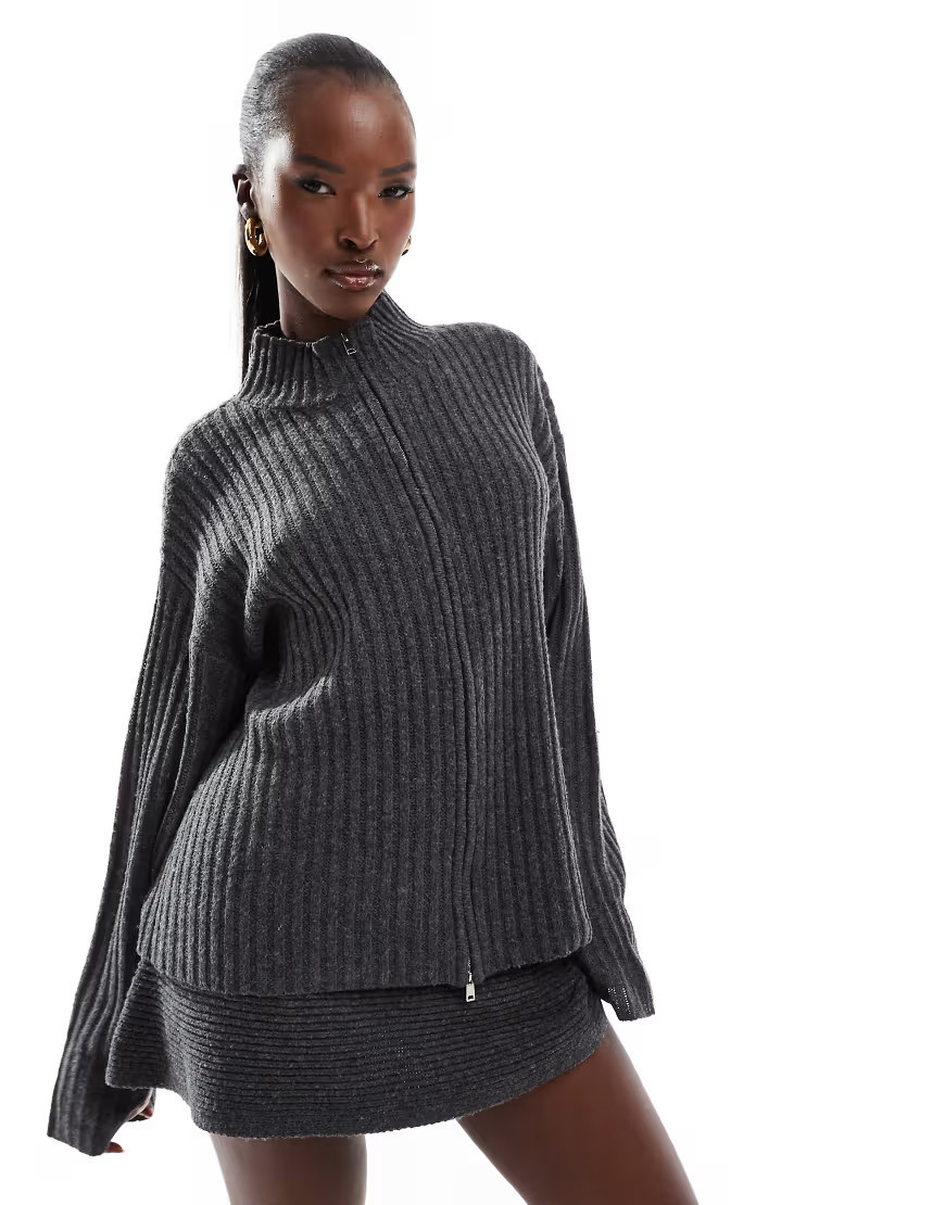 Kaiia exclusive zip through ribbed knit jumper in charcoal (part of a set)-Grey | ASOS (Global)