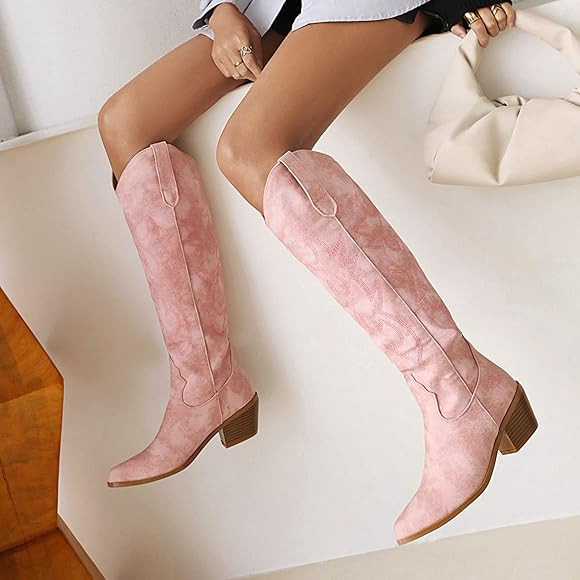 Erocalli Cowboy Boots for Women Embroidered Pull-On Chunky Stacked Heel Cowgirl Knee High Western Bo | Amazon (US)
