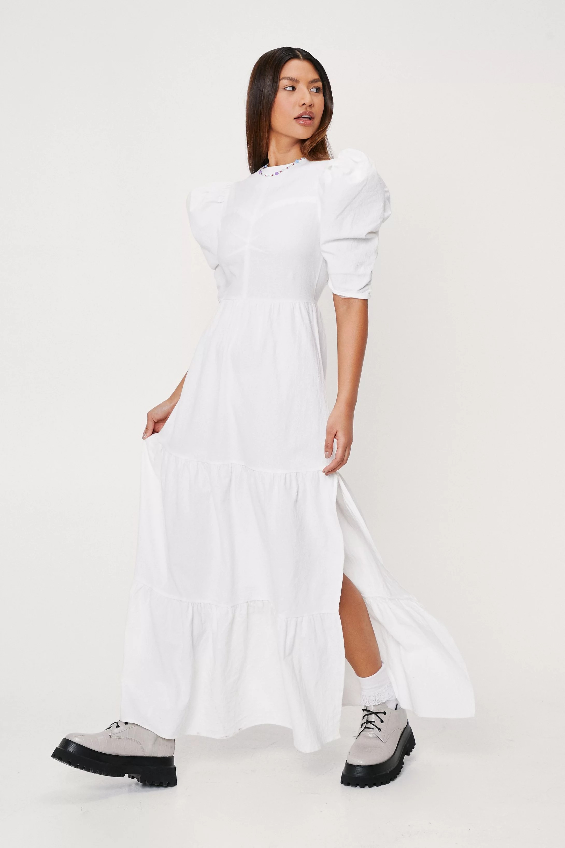 Linen Look Puff Sleeve Tiered Maxi Dress | NastyGal (UK, IE)