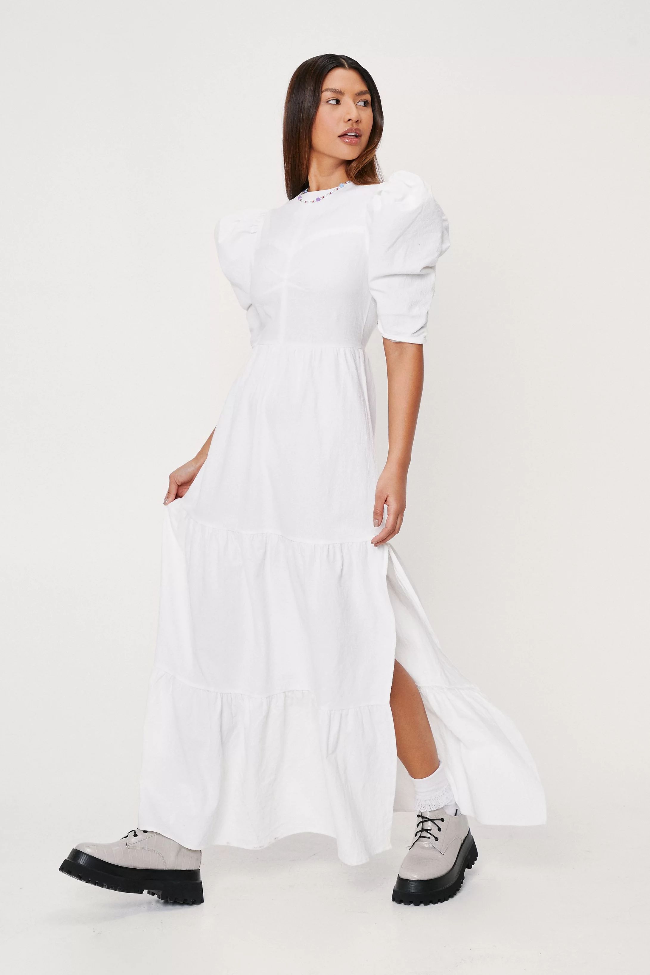 Linen Look Puff Sleeve Tiered Maxi Dress | Nasty Gal (US)