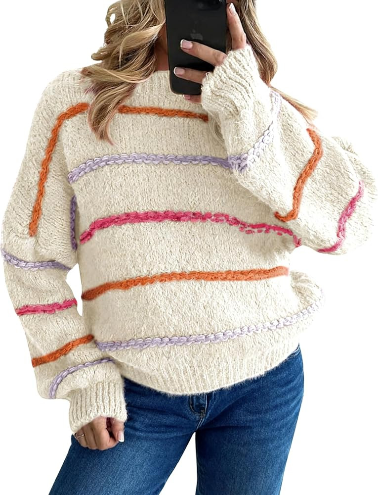 QIBABU Womens Striped Sweaters Casual Lantern Sleeve Color Block Knit Pullover Sweater Tops | Amazon (US)
