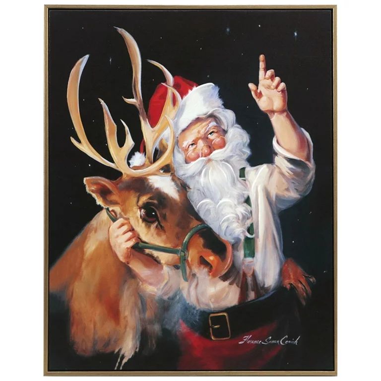 Santa with Reindeer Canvas Wall Art Christmas Decoration by Holiday Time - Walmart.com | Walmart (US)