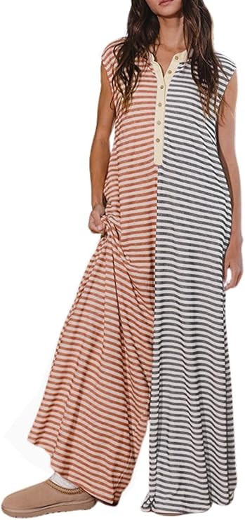 Yinawsky Women Casual Striped Sleeveless Tank Jumpsuits Color Block Wide Leg Romper Comfy Button ... | Amazon (US)