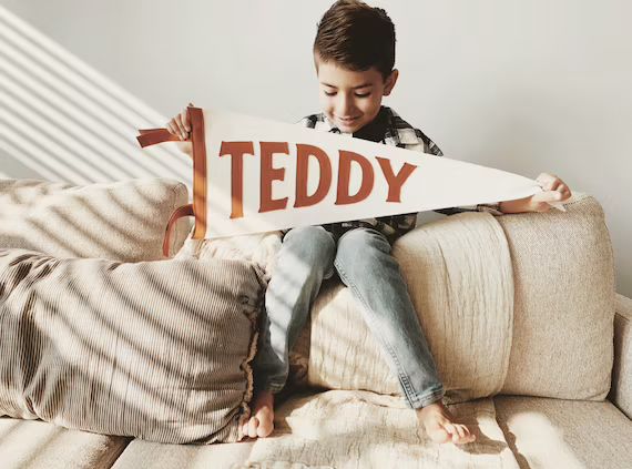 Teddy Pennant - Custom Name White Wool Felt Pennant Flag - Vintage Style Personalized Felt Pennan... | Etsy (US)