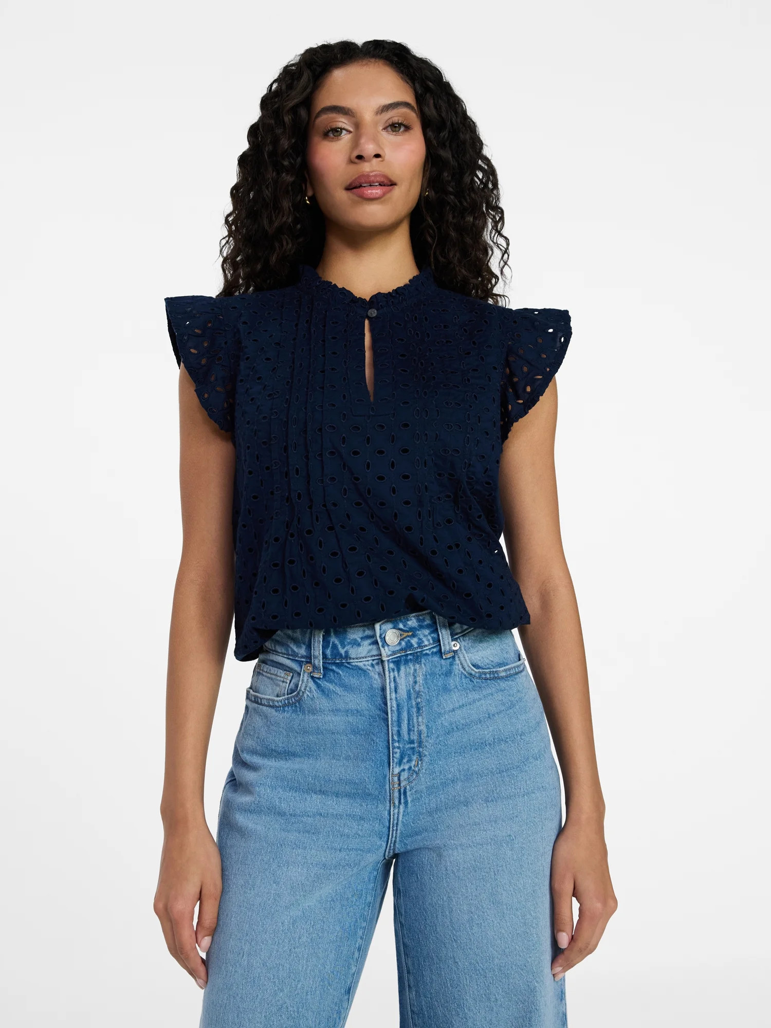 Time and Tru Women's Cotton Eyelet Top with Short Flutter Sleeves, Sizes XS-XXXL | Walmart (US)