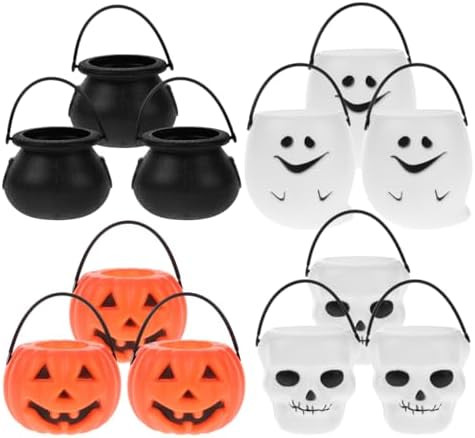 Cabilock 12PCS Halloween Mini Candy Buckets, Plastic Witches Cauldron Kettle Skull Pumpkin Ghost ... | Amazon (US)
