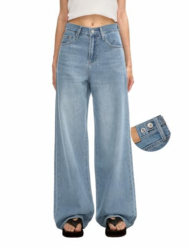 Women's Adjustable Waist Baggy Jeans with Snap-Button Waistband Wide Straight Leg High Rise Jeans... | Amazon (US)