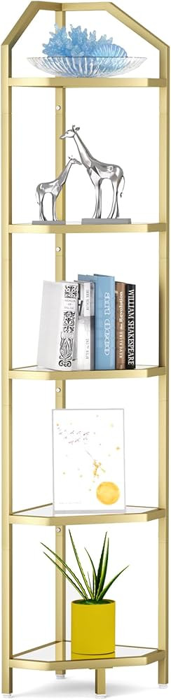 5-Tier Corner Shelf Stand, Gold Corner Bookshelf, Bathroom Storage Rack Shelf, Plant Rack, Temper... | Amazon (US)
