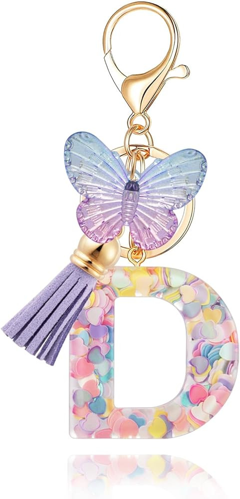 Initial letter Keychain for Women Girls Tassel Butterfly Pink Purple Cute Car Keychain for Wallet... | Amazon (US)