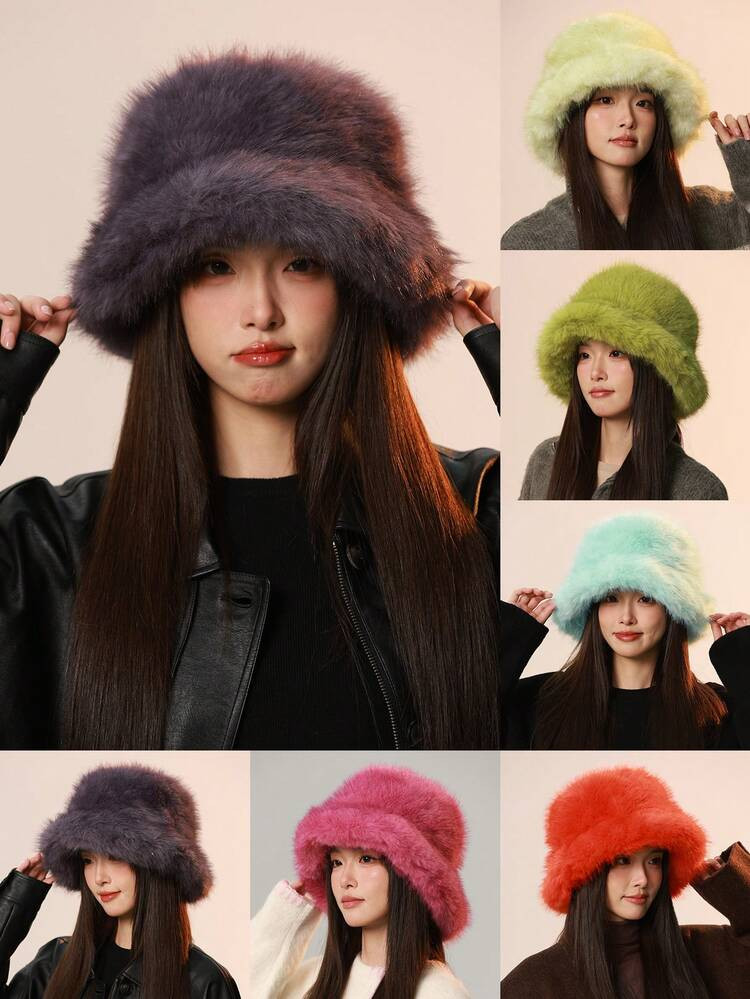 1pc Women's Fluffy Bucket Hat, Lightweight Breathable Casual Simple Fashion Versatile Bucket Hat, Autumn/Winter, Outdoor Warm, Unisex, Suitable For Daily Use | SHEIN