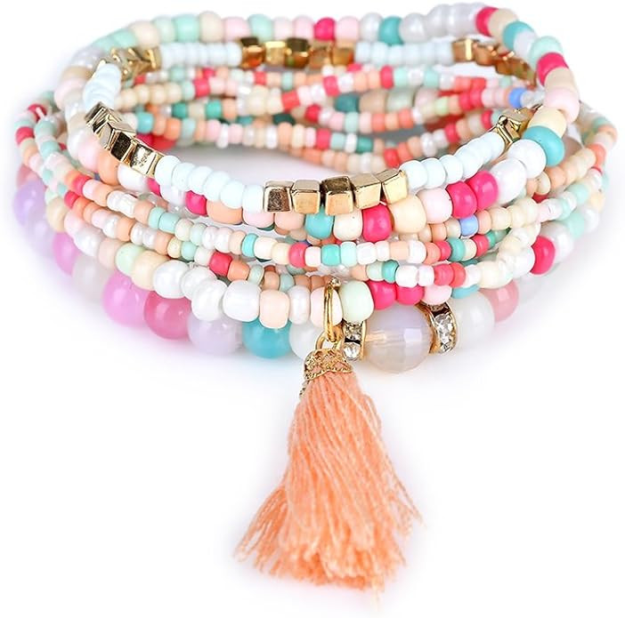LUREME Bohemian Beads Pearl Tassel Multi Strand Textured Stackable Bangle Bracelet Set(bl003054) | Amazon (US)