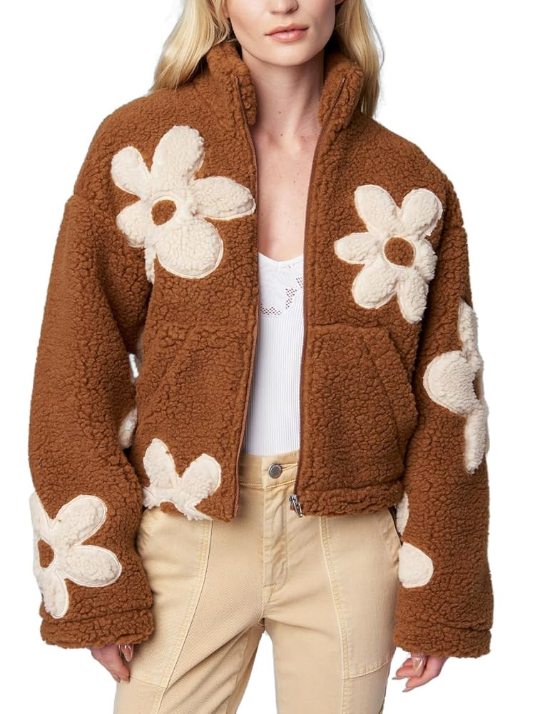 HOULENGS Women's Floral Print Sherpa Fleece Jackets Casual Long Sleeve Zipper Cropped Coat Winter... | Amazon (US)