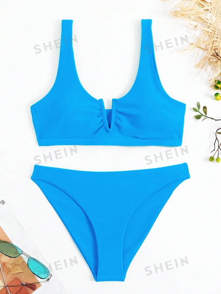 SHEIN Swim Basics Plain Notched Neck Bikini Swimsuit | SHEIN