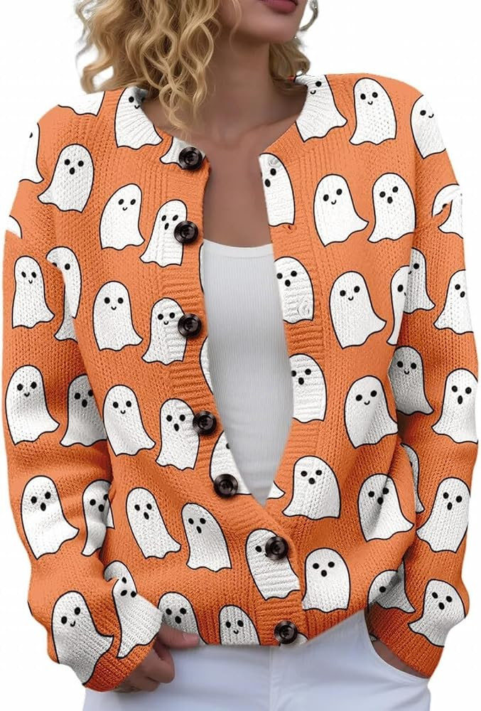 Halloween Sweater Women Pumpkin Ghost Cardigan Plus Size Fall Clothes | Amazon (US)