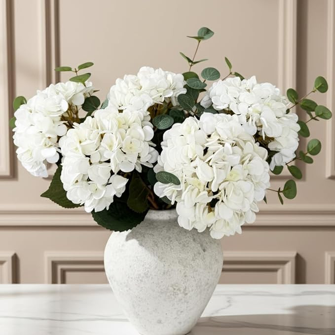 Real Touch White Faux Hydrangea And Eucalyptus Arrangement, Faux Floral Arrangements, Hyper Reali... | Amazon (US)