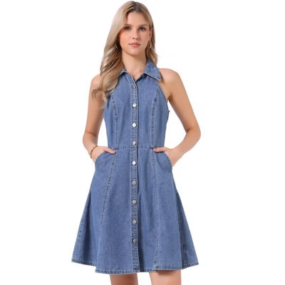 INSPIRE CHIC Women's Lightweight Halter Neck Button Down A-Line Denim Dress Medium Light Blue | Target