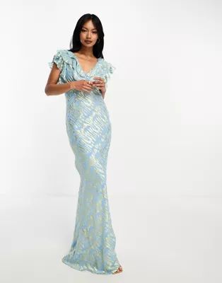 › Never Fully Dressed metallic jacquard ruffle maxi dress in blue | ASOS (Global)