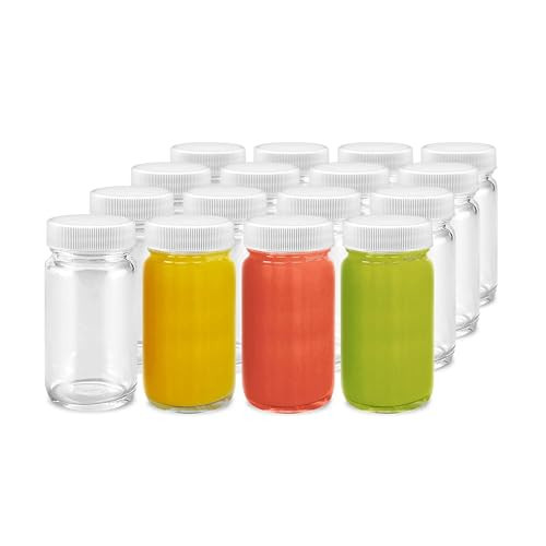 Glass Juice Shot Bottles Set - Wide Mouth for Juicing, Beverage Storage, Liquids, 2 oz, Clear with White Caps, Reusable, Leak Proof, Jars (16 pack) | Amazon (US)