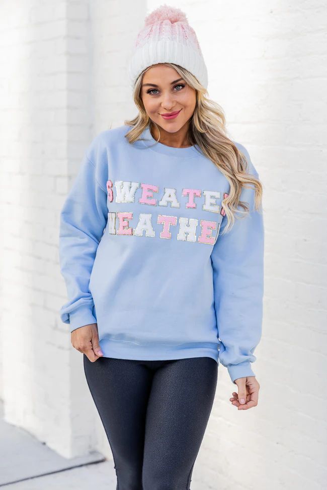 Sweater Weather Light Blue Chenille Patch Graphic Sweatshirt | Pink Lily
