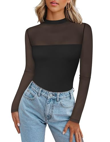 Zeagoo Sheer Tops for Women Long Sleeve Mesh Blouse Crew Neck Sexy lace Soft and Comfortable Fall Elegant 2025 Shirt Black | Amazon (US)