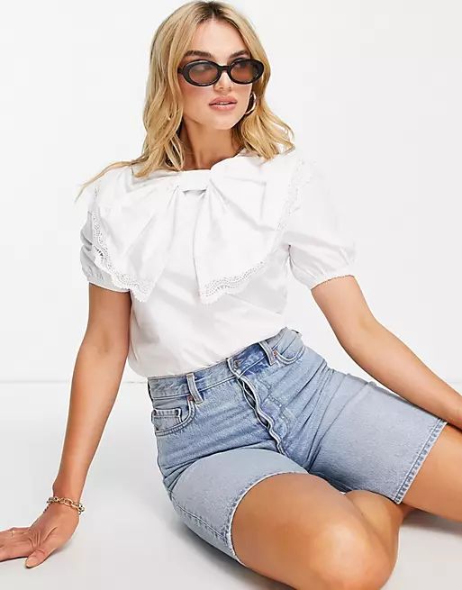 River Island bow detail puff sleeve top in white | ASOS (Global)