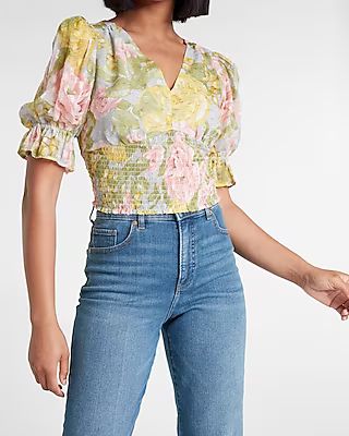 Floral V-Neck Smocked Waist Top | Express