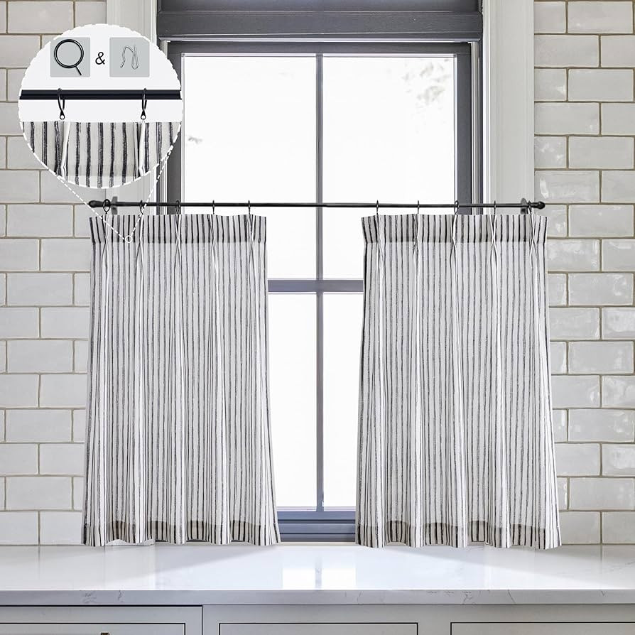 Black and Cream Striped Curtains Short,24 Inch Length Pinch Pleated Boho Cafe Curtain with Hooks ... | Amazon (US)