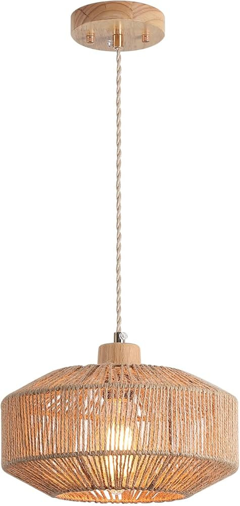Coastal Woven Pendant Light Fixture One-Light Adjustable Natural Hemp Rope Cage Pendant Lighting ... | Amazon (US)