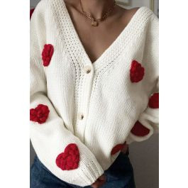 Romantic 3D Heart Knit Cardigan in White | Chicwish