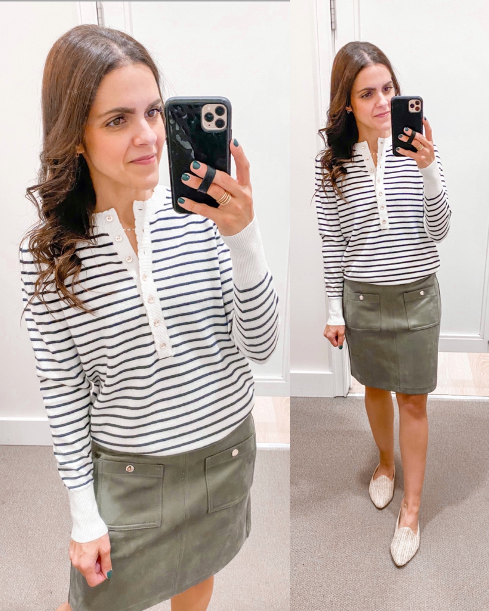 Loft henley striped sweater (xs), faux suede pocket shift skirt (runs big). 

#LTKunder100 #LTKstyletip