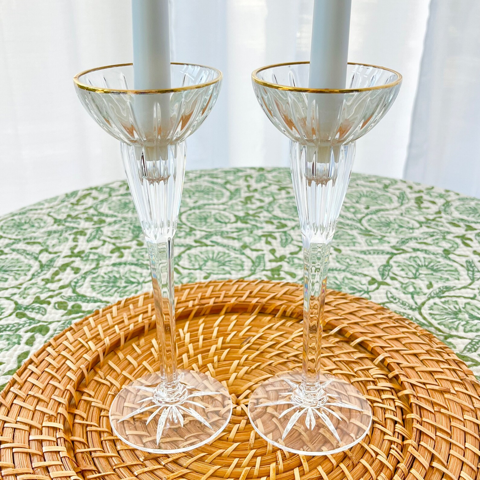 Detailed Glass Tall Candlestick Holders W/ Gold Trim Spring Traditional Tablescape - Etsy | Etsy (US)