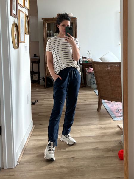 Tee - size xs
Pants - xs im 5’1” petite 

Striped shirts, striped tee, navy pants, light weight pants, errands outfit, on sneakers, marine layer, casual, petite, over 30, cropped pants, travel outfit 

#LTKtravel #LTKfindsunder100 #LTKfindsunder50