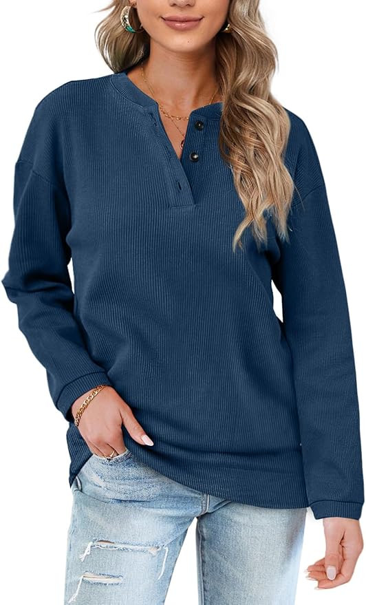 OFEEFAN - Sudaderas casuales para mujer, túnica de manga larga con botones, estilo Henley | Amazon (US)