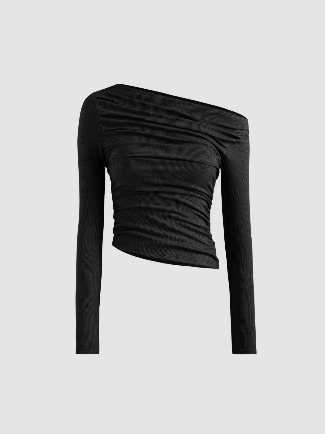 Knit Fabric Solid Asymmetrical Neck Long Sleeve Top For School Daily Casual Coffee Shop | Cider