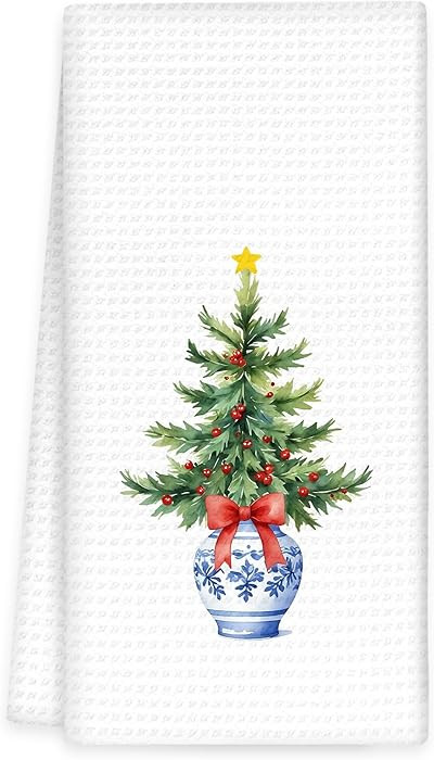 Chinoiserie Christmas Kitchen Towels, Blue and White Porcelain Christmas Tree Hand Towels, Chinoi... | Amazon (US)