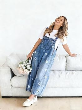 utcoco Women Floral Printed Adjustable Strap Denim Bib Overall Wide Leg Jeans Casual Baggy Overal... | Amazon (US)