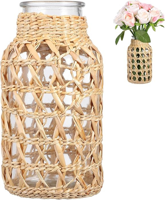 Cabilock Wicker Vase for Flowers, 6.3" Rattan Woven Glass Vase, Boho Decorative Flower Vase for C... | Amazon (US)