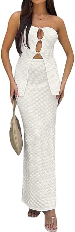 Women Y2K 2 Piece Long Skirt Sets Strapless Off Shoulder Tube Tops Bodycon Maxi Skirt Outfit Beac... | Amazon (US)