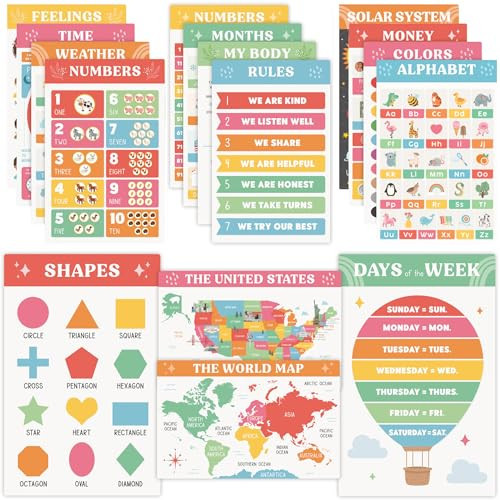 Fun Educational Posters for Toddlers 1–3 – Set of 16 Easy to Read Learning Posters for Classroom & Homeschool Decor – Essential Preschool/Kindergarten Kids Room Wall Charts incl. ABC & Number Chart | Amazon (US)