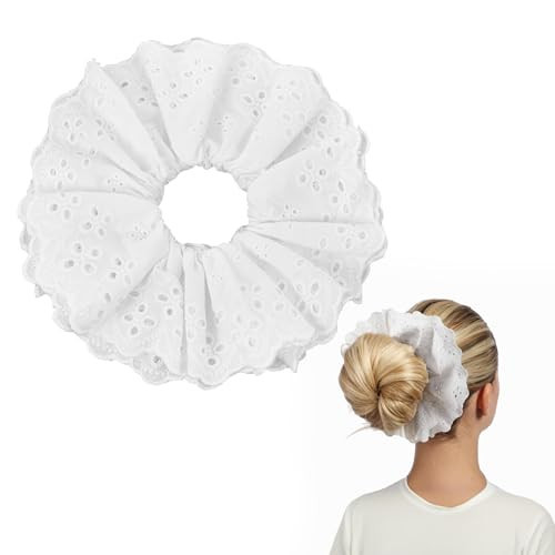 White Large Lace Scrunchies, Oversized Scrunchie Satin Hair Scrunchies Lace Double Layer No Damage Hairties Elastic Ponytail Hair Holder Accessories Thick Bulk Scrunchie for Ladies Girls | Amazon (US)