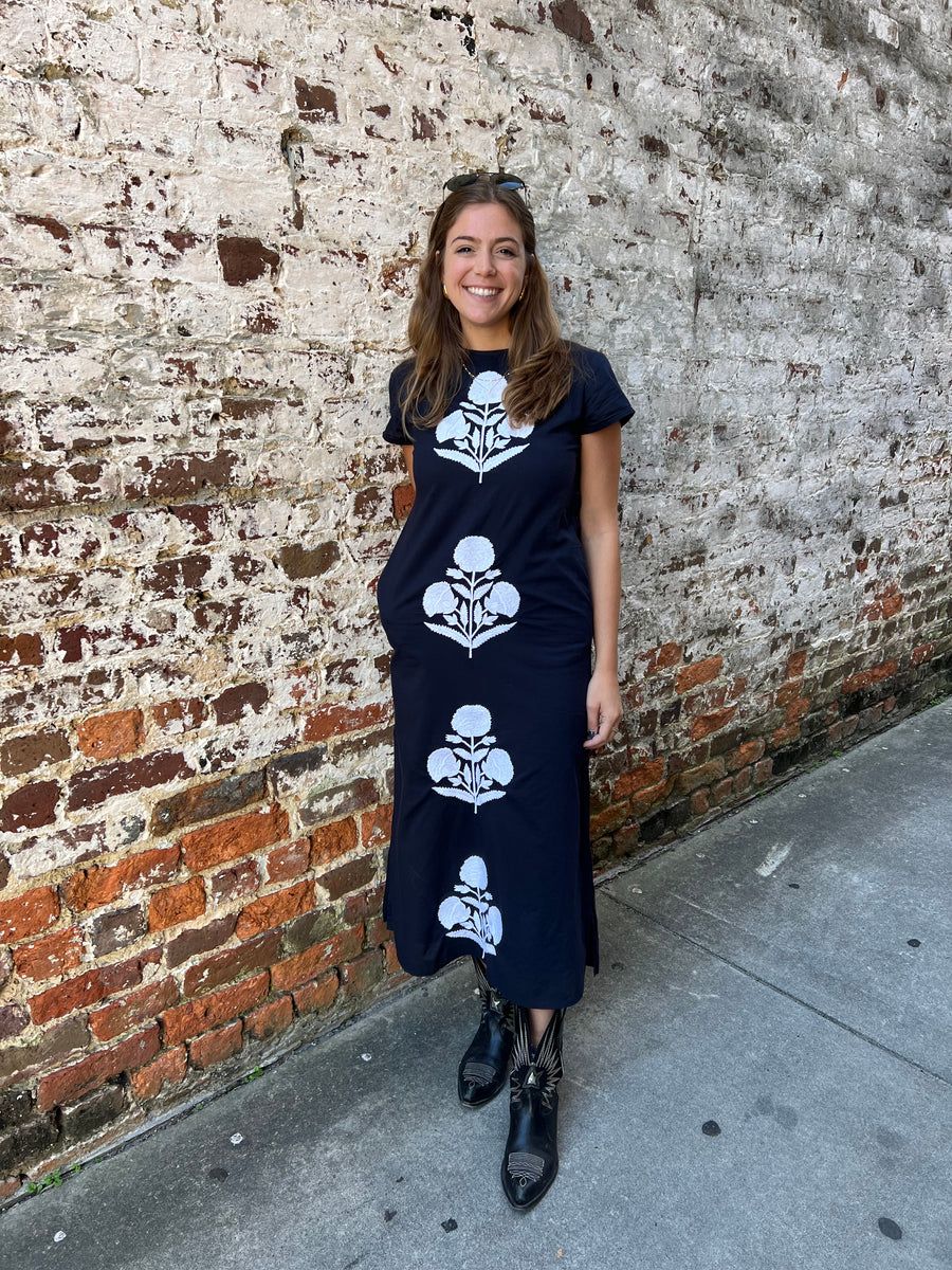 Anne Maxi Dress Navy with White Embroidery | Madison Mathews
