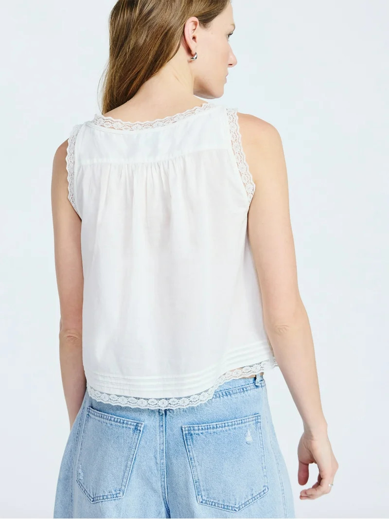 Scoop Women's and Women's Plus Flowy Cotton Tank Top with Lace Trim, Sizes XS-4X | Walmart (US)